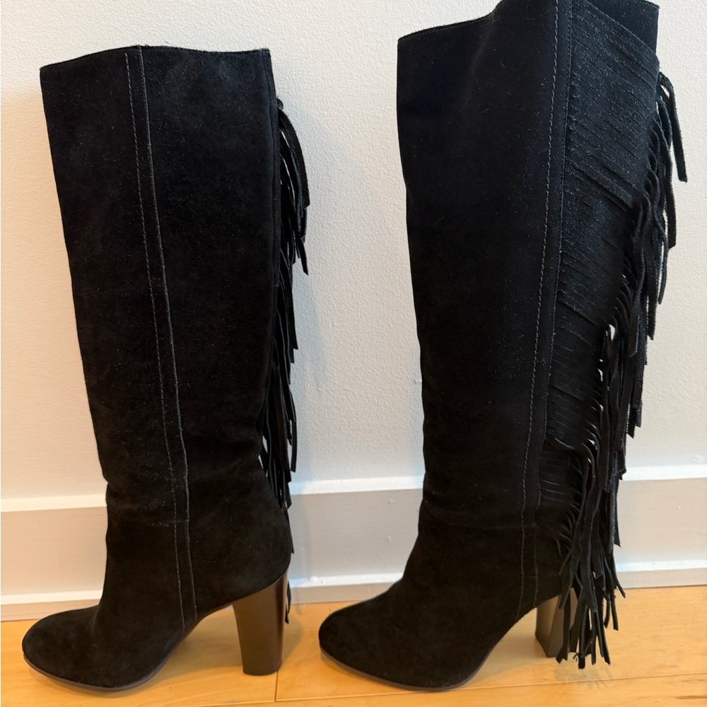Diane Von Furstenberg Black Suede Fringe Heeled Boots. Size 6-1/2